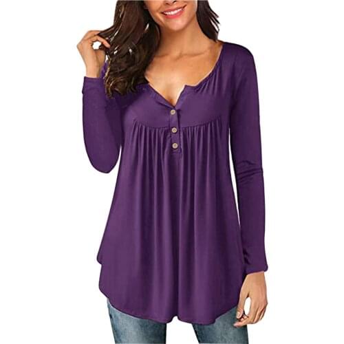 Autumn Women Long Sleeve Top Tshirt Solid Color Sexy T Shirt With Button V-neck T-shirts Female Tunic Tops Solid Color Tunic