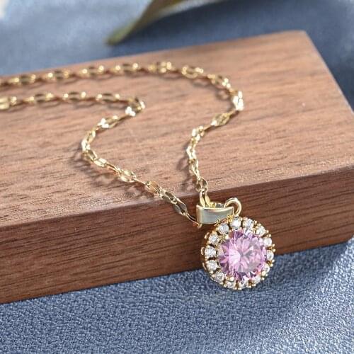New Luxury Romantic Round Pink Zircon Crystal Pendant Women Clavicle Necklaces Fashion Elegant Female Wedding Party Jewelry Gift