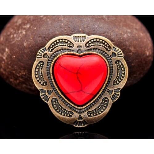 10PC 30mm Retro Brass Southeast Tribal Flower Engraved Heart Red Stone Leathercraft Concho Button For Belt Bag Saddle Tack Decor