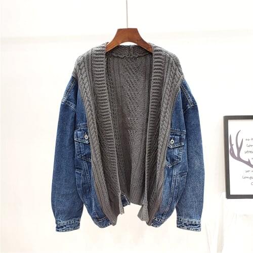 2021 Fashion Autumn Winter Knitted Denim Stitching Jacket Women Loose Casual Tide High Street Coat Female Jeans Jacket Outerwear