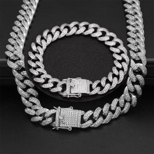 12MM Men Steel Cuban Miami Link Chain Necklace Bracelet Full CZ Dragon Clasp Lock Men Hip hop Bling CZ Chain Jewelry Sets