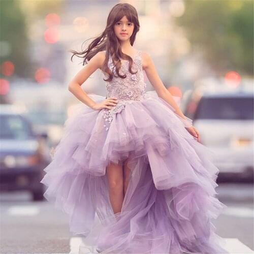 Kids Long Tulle Pink Gowns Boutique Clothes Fancy Flower Girl Dress with Train 2021 Children Show Performance Costume