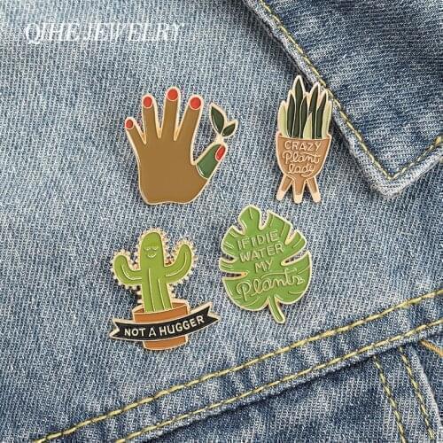 QIHE Jewelry Potted Plants Enamel Pins Monstera Sansevieria Cactus Brooches Badges Fashion Pin Gifts for Friends Wholesale