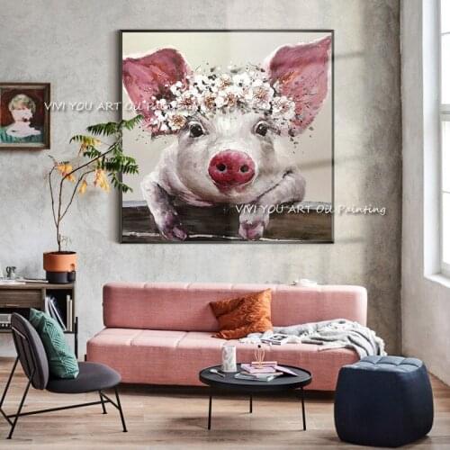 Cute Pig Animal Oil Painting on Canvas Nordic Pink Animal Handmade Wall Art Picture for Living Room Home Decoration Unframed