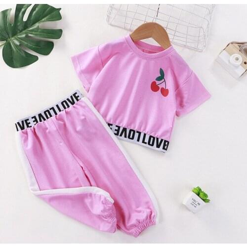 Summer Girls Short-sleeved Suit Children Leaking Belly Button Summer Pink Casual Clothes Baby Fashion Cute Top Underwear Suit