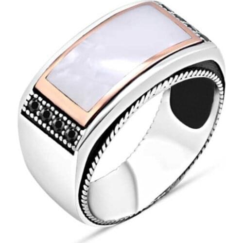 White Enamel Edges Tiny Black Zircon Silver Men Ring