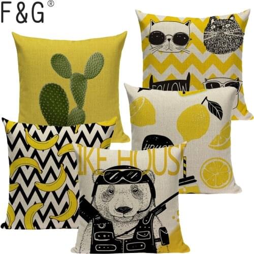 Cushion Cover banana cactus cat and Abstract Art Color rendering yellow Bear Decorative Case Home Pillows Cover for Sofa Decor
