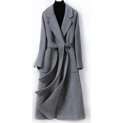 2020 New Autumn Winter Fashion Slim Stripe Wool Jacket With belt Double-sided Cashmere Long Coats Plus size Warm Wool Overcoat