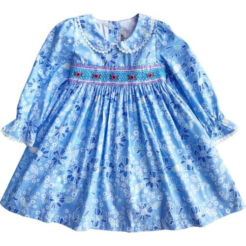 New Spring Autumn Kids Blue Floral Printed Peter Pan Collar Handmade Smocking Belt Lace Girls 3-7yrs Full-sleeved Cotton Dresses