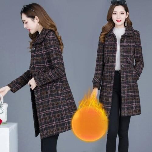 Blended Wool Coat Women Plaid Jacket Autumn Winter Mid-Long Coats Jackets Ladies Single Breasted Elegant Woolen Outerwear X217
