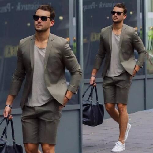 Casual Summer Grey Short Men Suits Costume Homme Prom Slim Fit Tuxedo Wedding Groom Terno Masculino Blazer 2 Pcs Jacket Pant