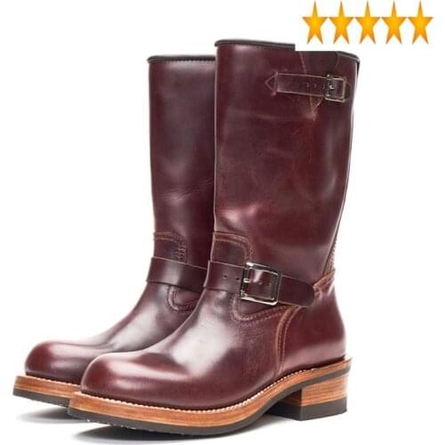 Work Shoes Men Engineer High Top 100% Genuine Leather Motorcycle Long Slip On Cowhide Brand Vintage Riding Boots