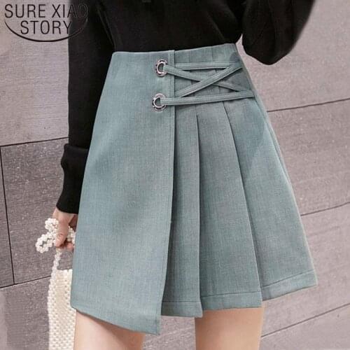 Faldas Mujer Moda 2021 Spring High Waist Casual Skirt for Women Solid A-Line Lace-Up Mini Skirts Elegant Lady Black Skirts 7872