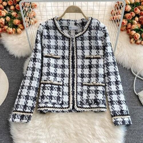 Womens Clothing Autumn And Winter New Fashion Ladies Loose Tweed Round Neck High Quality Long Sleeve Female Plaid Outerwear