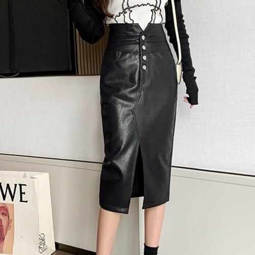 2021 Autumn Winter PU Faux Leather Women Skirt Black Fashion Midi Sexy Slim Split Skirts Buttons High Waist Office Pencil Skirts