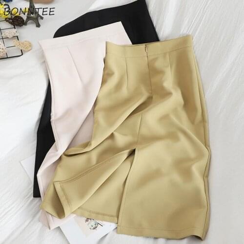 Skirts Women Vintage Simple Empire All-match Ulzzang A-line Mujer Faldas Fashion Slim Mid-calf Elegant Casual OL Ladies Skirt