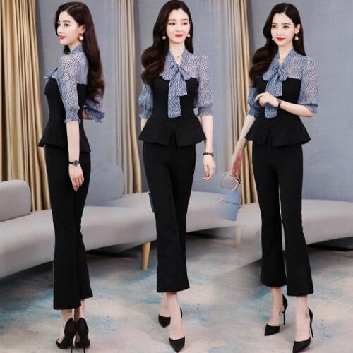 New Spring Summer Office Ladies 2 Piece Pants Set Women Half Sleeve Print Shirt Tops and Slim Ankle-length Trousers Suit Y981