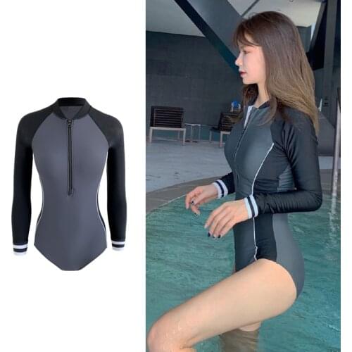 2021 Women Sport Swimsuit Long Sleeves Vintage Beach Wear Patchwork Padded Sport Summer Surfing Suit M-2xl Professional Swimsuit
