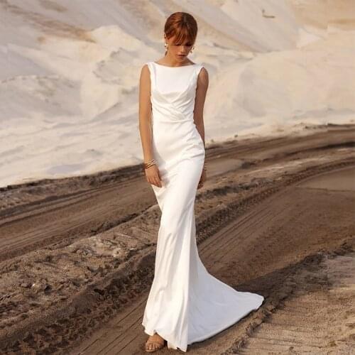 New Elegant Mermaid Slim Ivory Bridal Wedding Gowns Sleeveless Bateau Neckline Wedding Dress for Bride Back Out Pleating On Sale