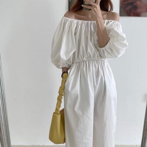 Women Summer White Vintage Slash Neck Long Dress Elastic Waist Puff Sleeve Midi Sundress Pockets