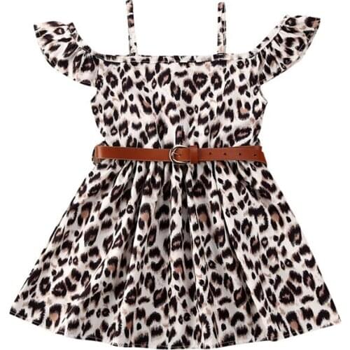 2020 Summer New Fashion Baby Girls Kids Leopard Off Sleeve PU Leather Belt Dress Children Girls Princess Holiday Tutu Dress