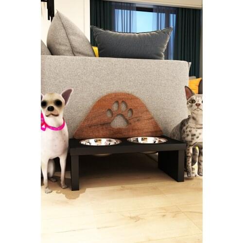2021 Animal Friendly Safe Durable Black Steel Bowl Wooden Paw Patterned Double Food and Water Container Cat Dog Animal Feeding