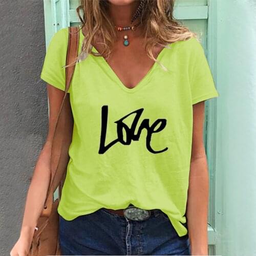 40# Love Print T-shirts Womens Clothing Casual Cotton Linen V-neck Short Sleeves T-shirt Harajuku Plus Size Tops Футболки