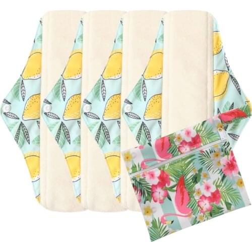 Ohbabyka Reusable Cloth Menstrual Pads with Organic Bamboo Absorbency with Wet Bag Women Washable Panty Liner 4Pack+1 Wet Bag