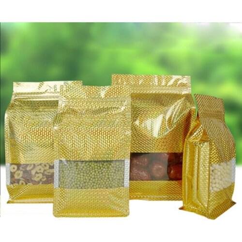 500Pcs Stand Up Gold Laser Mylar Foil Clear Window Zip Lock SIde Gusset Package Bag Tear Notch Zipper Dried Flower Food Pack