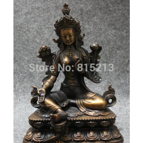 Bi0011690 8" Old Tibet Bronze Copper Collect Lotus Green Tara Buddha Kwan-yin Statue