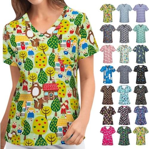 Women Nurse Uniform Casual Cute Cartoon Animal Print Short Sleeve V-Neck Carer Tops Clinic Working Uniform Blouse Nurse T-shirt