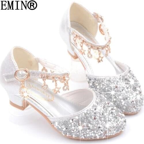 EMIN Princess Kids Leather Shoes for Girls Star Casual Glitter Children High Heel Sandals for Party Pink Silver Gold
