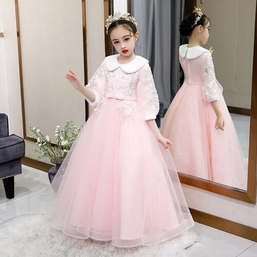 Flower Girl Dress Pearls O-Neck Three Quarter Princess Beading Floor-Length Tulle Lace Embroidery Sequined Kids Party Gown H269