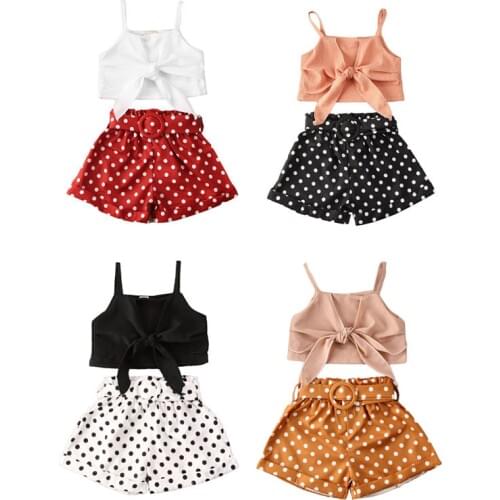 2020 Children Summer Clothing Infant Kids 1-6T Baby Girls Fashion Clothes Bow Vest Crops Tops Polka Dot Shorts With Belt Sunsuit