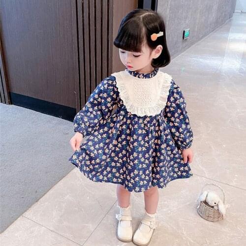 Baby Girls Autumn Long Sleeve Floral Princess Dress Korean Kids Clothes Cotton Lace Patchwork A-line Dress For 1-7Yrs Outfit