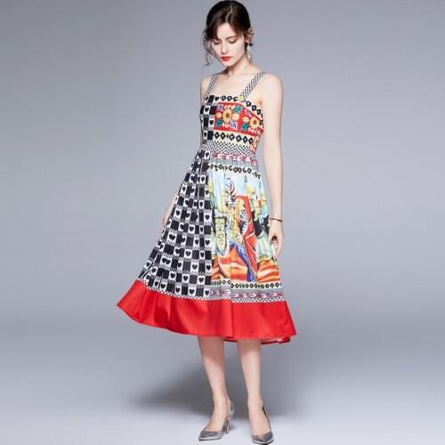 JSXDHK Runway Women Tank Holiday Beach Dress 2021 Summer Spaghetti Strap Peach Hearts Plaid Hit Color Poker Printed Long Dress