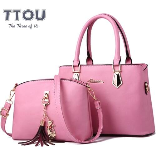 2 PCS Set Pure Color Women Handbags Vintage Female Quality Composite Bag Large Capacity Soft Leather Casual Tote Female Purses