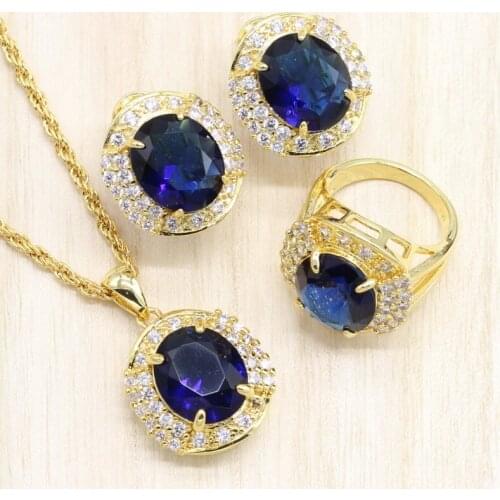 Gold Color Jewelry Sets Blue Semi-precious Round Earrings Pendant Necklace Ring for women Party Gift
