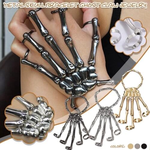 Skull Finger Chain Joint Bracelet Skeleton Hand Bracelet Hand Bracelet Metal Skeleton Bangle Rhinestone Heart Multicolor Gift