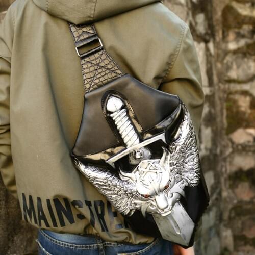 New 3D War Wolf Chest Bag Leisure Travel Pu Mens Personality Bag