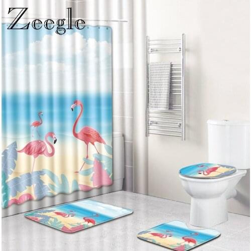 Zeegle Flamingo 4pcs Bath Mat Set Toilet Pedestal Rug Foot Mat Anti Slip Bathroom Doormat Shower Mat Absorbent Toilet Seat Cover