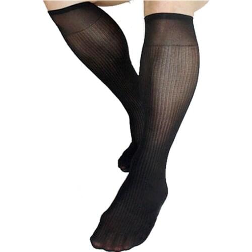 New Style Mens Nylon Silk Socks Sexy Sheer Striped Male Hose Black Man Sheer Sock for Formal Business Navy