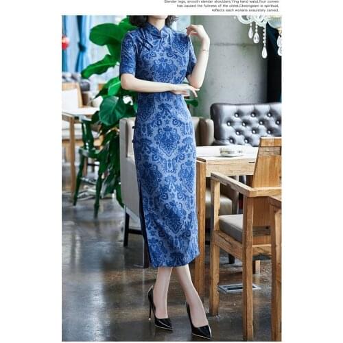 New autumn Chinese retro style mandarin collar women slim Pan bucket flower print Cheongsam improved dress for women