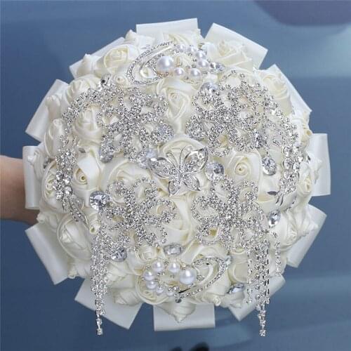 Ivory Rose Wedding Bouquet Silk Ribbon Wedding Flowers Bridal Bridesmaid Bouquets Diamond Brooch Bouquet ramos novia W2285