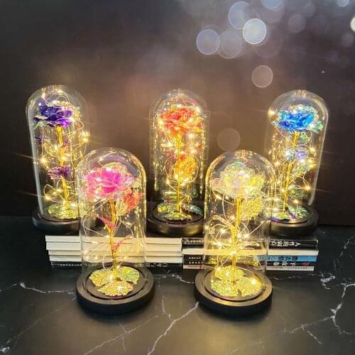 LED Light 6 Colour Beauty And The Beast Red Rose In A Glass Dome On A Wooden Base For Valentines Gifts LED Rose Lamps Christmas