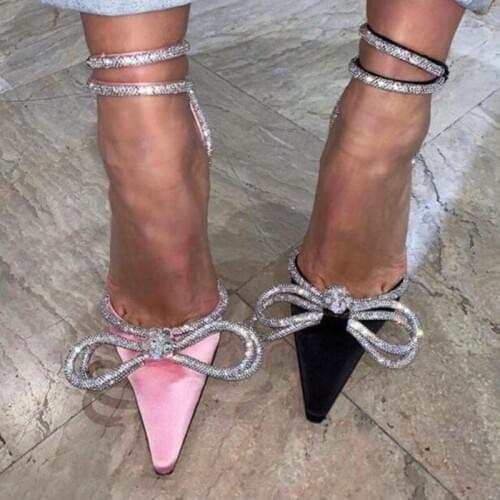 New Arrivals Pink Stain High Heel Shoes Bling Bling Crystal Bowtie Ankle Wrap Sandals Knot Pointed Toe Shallow Dress Shoes