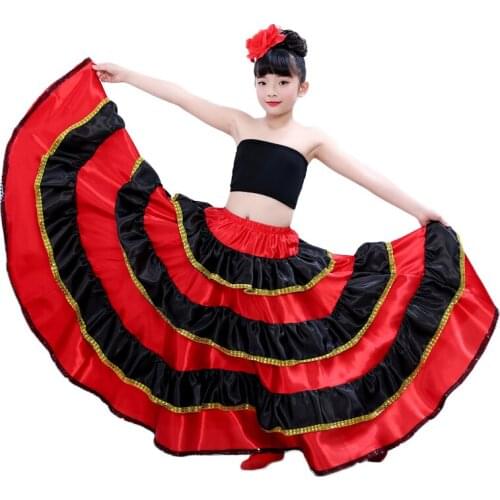 Spanish Flamenco Dance Costumes Princess Skirt Red and Black Gypsy Style Ballroom Belly Dance Dress for Kids