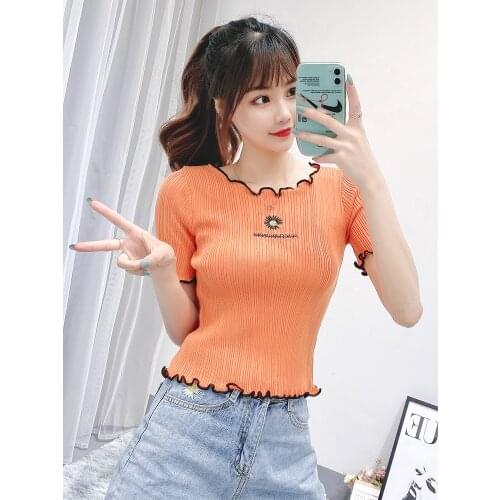 Black Small Daisy T-Shirt Womens Super Fire Short Summer Outer Wear 2021 New Wood Ear Knitted Bottoming Top