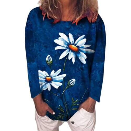 Autumn Fashion New Loose Dandelion Pattern Gradient Print Long-Sleeve T-Shirt Women Casual O-Neck Splice Pullover Tees 2021