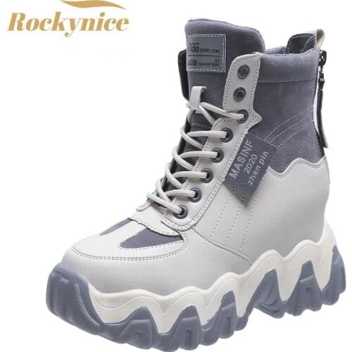 New Womens Chunky Boots 2021 Autumn Leather Hidden Heels Women Sneaker Winter 8cm High Heels Fashion Boots Platform Ankle Boots